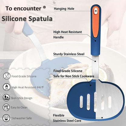 To encounter 3 Pieces Silicone Spatula Set, Heat Resistant Flexible Turner Spatulas, Nonstick Cookie Spatula, Fish Spatula, Dishwasher Safe, Navy Blue