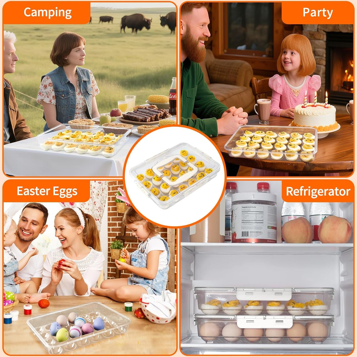 MesRosa 2 Pack Deviled Egg Containers with Lid and Handle, Durable Clear Plastic Deviled Egg Carrier Storage 48 Eggs, Stackable Egg Holder for Fridge, Portable Tray Platter for Party & Picnics-White