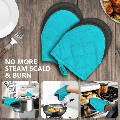 1 Pair Short Oven Mitts - Silicone Kitchen Oven Gloves High Heat Resistant 500℉, Mini Oven Mits with Non-Slip Grip Surfaces and Hanging Loop for BBQ, Baking, Cooking and Grilling (Black)