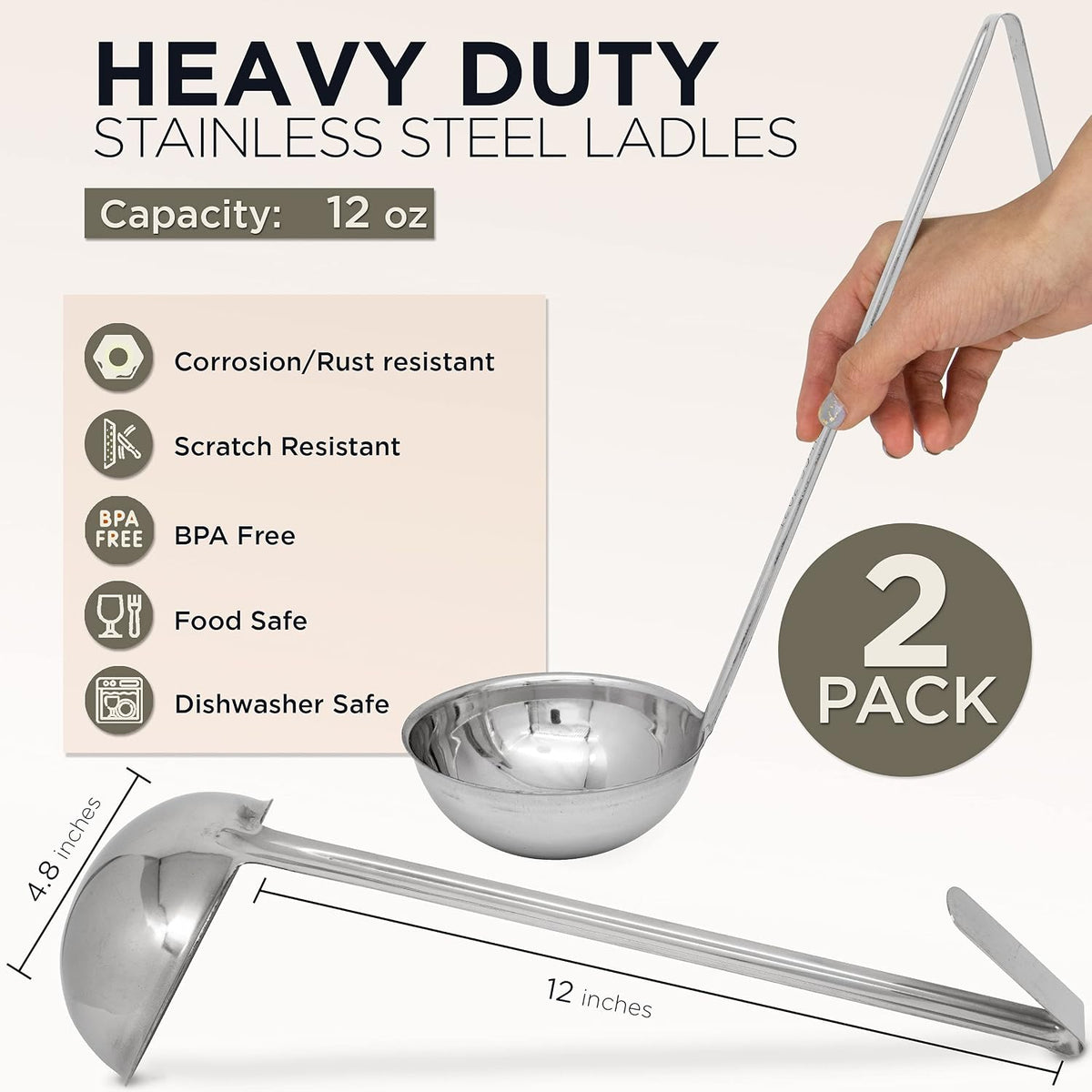 Fit Meal Prep [2 Pack] 2 oz Stainless Steel Soup Ladle, One-Piece Sauce Spatula with Hook Handles, Commercial Grade Serving Spoon, Kitchen Tool for Restaurant or Home Cooking, Mirror Finish, 12" Long