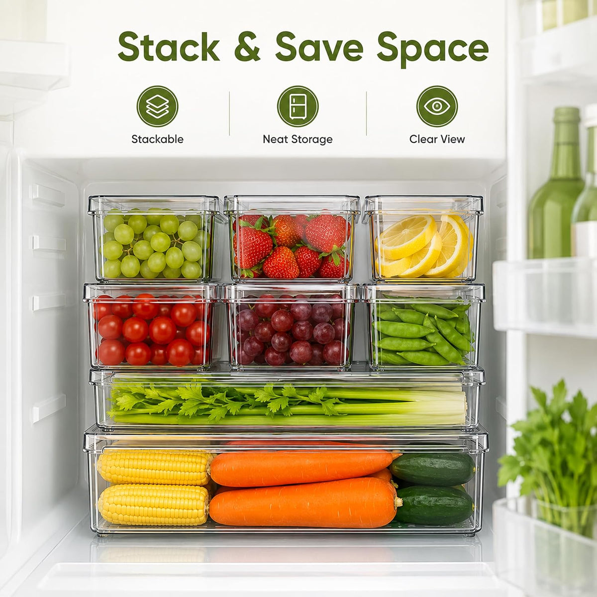 10 Pack Clear Fridge Organizer Bins with Lids, Plastic Storage Totes for Refrigerator, Pantry, Kitchen and Bathroom Vanity, Stackable Food Storage Boxes for Fruits, Vegetables, Cereals and Snacks