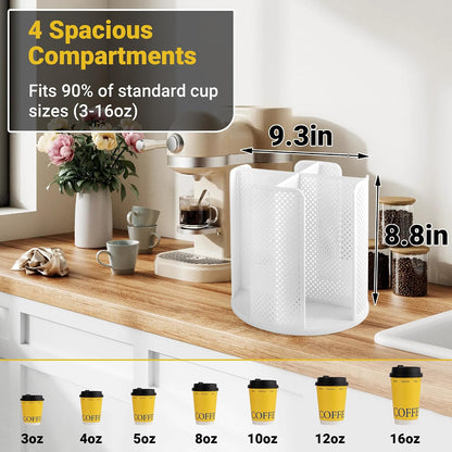 4-Compartment Rotating Paper Cup Holder & Coffee Cup Lid Storage Dispenser, Plastic Cup Dispenser Removable, Space-Saving Countertop Cup Holder for Coffee Bars, Kitchens (Black)