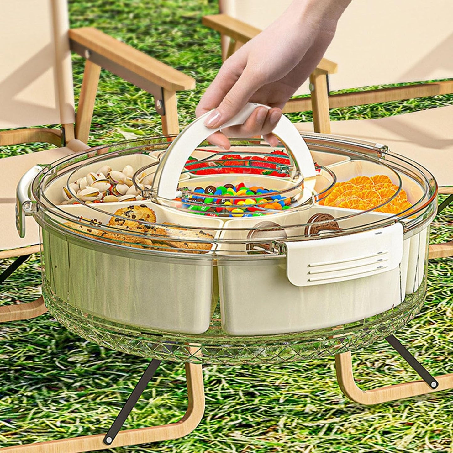 Divided Serving Tray with Lid & Handle, Plastic Portable Food Storage Container Snack Platters Divided Serving Platter with 6 Compartments for Fruit Snack Candy, Nut