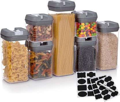 Set of 7 Airtight Food Storage Containers - Pantry Organizer Bins, BPA Free Plastic Containers plus Dry Erase Marker and Labels, White