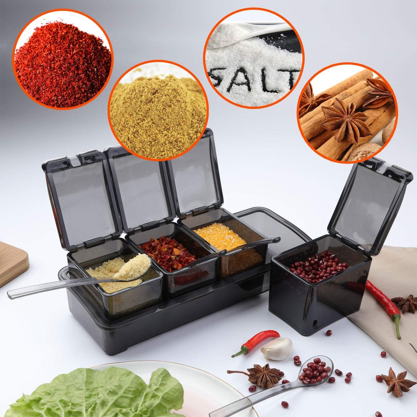 V·RESOURCING Clear Seasoning Box, 3 Pieces Seasoning Rack Spice Pots Storage Container for Spice Salt Sugar Cruet Liquid,Condiment Jars with 3 Spoons