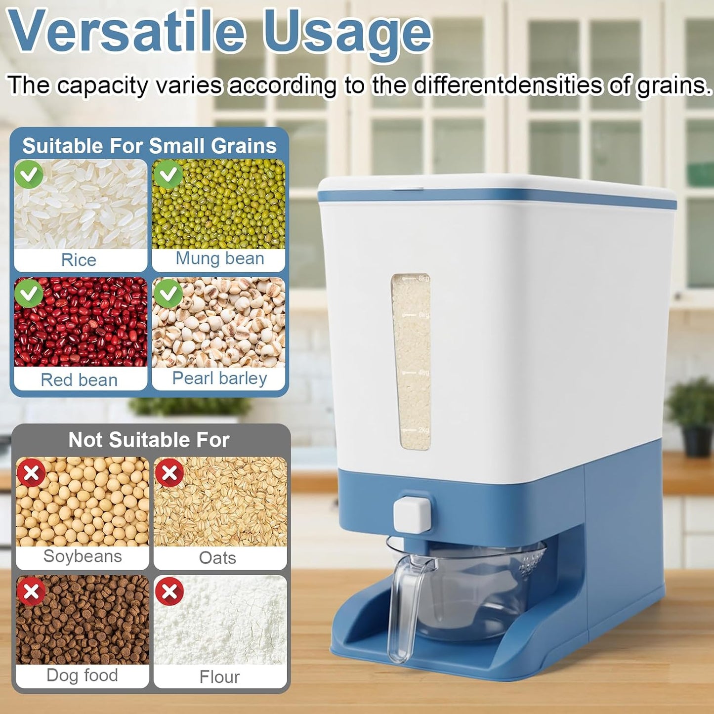 Mity rain Rice Dispenser 20 Lbs with Moisture Absorbing Clay, Rice Storage Container with Measuring Cup, 12 L Cereal Containers Storage Airtight for Kitchen Pantry Organization
