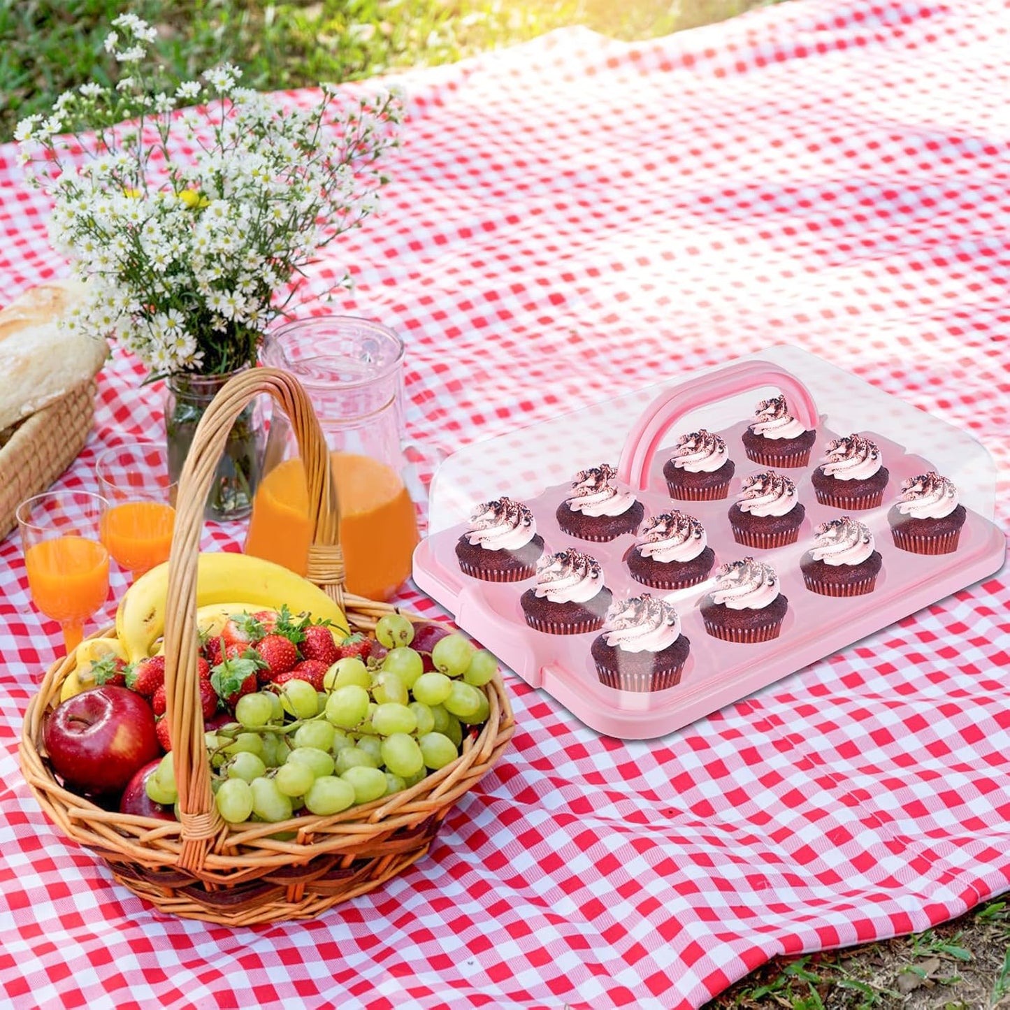 Cake Carrier with Lid, Cake Holder Cupcake Container for 12 Cupcakes 2 in 1 Portable Dessert Container for Pie Muffin Cobbler (Red)