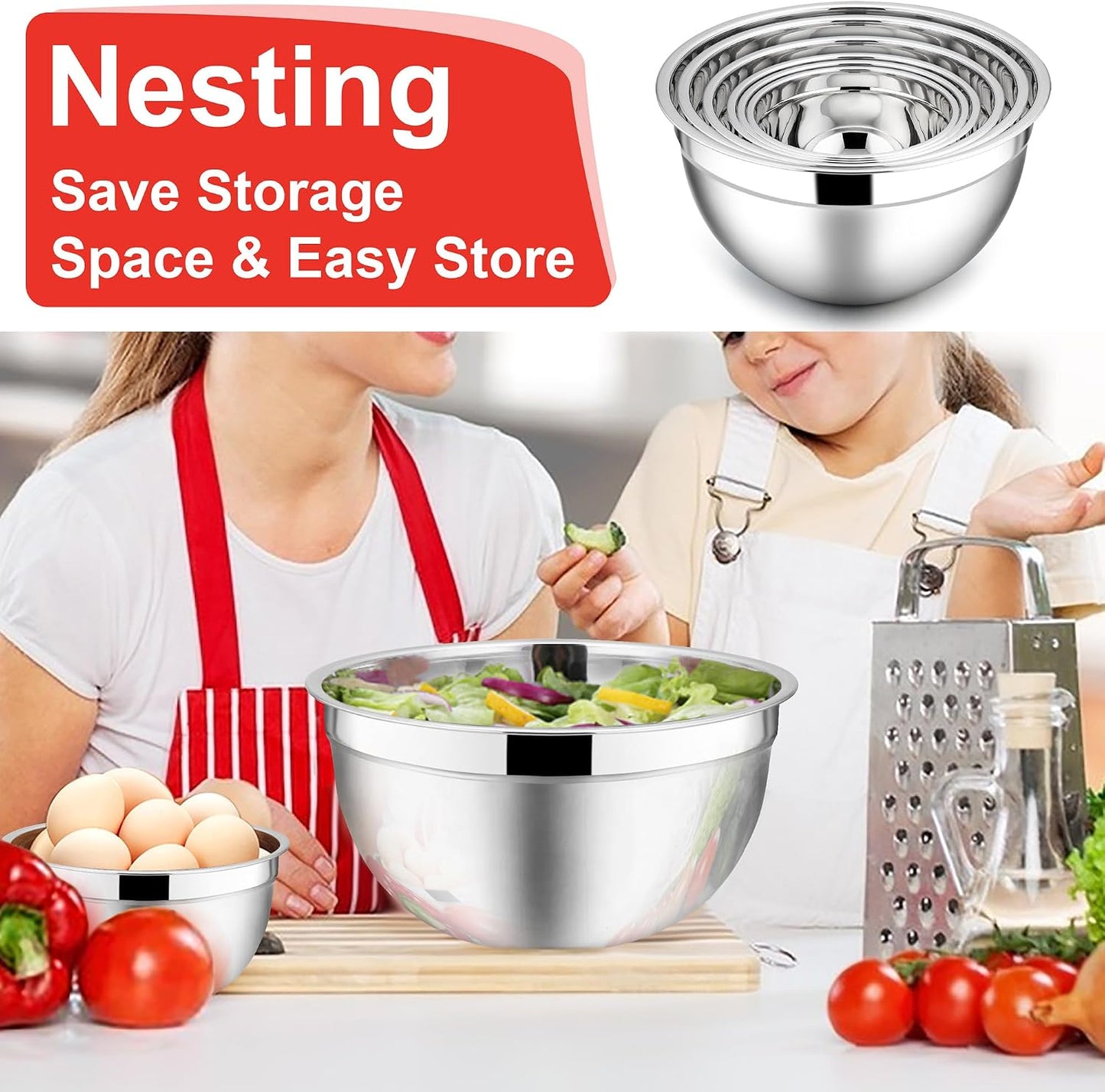 E-far Mixing Bowls With Lids Sets of 5, 10-Piece Stainless Steel Salad Metal Nesting Bowl for Baking Cooking and Prepping, Airtight Lid & Stackable Design, Size 4.6, 3, 2.1, 1.5, 0.7 QT, Black