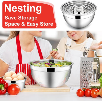 E-far Mixing Bowls With Lids Sets of 5, 10-Piece Stainless Steel Salad Metal Nesting Bowl for Baking Cooking and Prepping, Airtight Lid & Stackable Design, Size 4.6, 3, 2.1, 1.5, 0.7 QT, Black