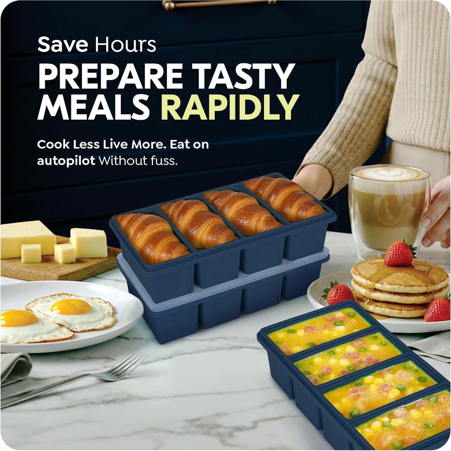 Silicone Freezer Trays with Lids, 1-Cup Soup Container Style Ice Cube Trays for Freezer - Leakproof, Dishwasher,Oven Safe, Stackable, Ideal for Frozen Broth, Leftovers & Meal Prep, BPA Free 2 Pack