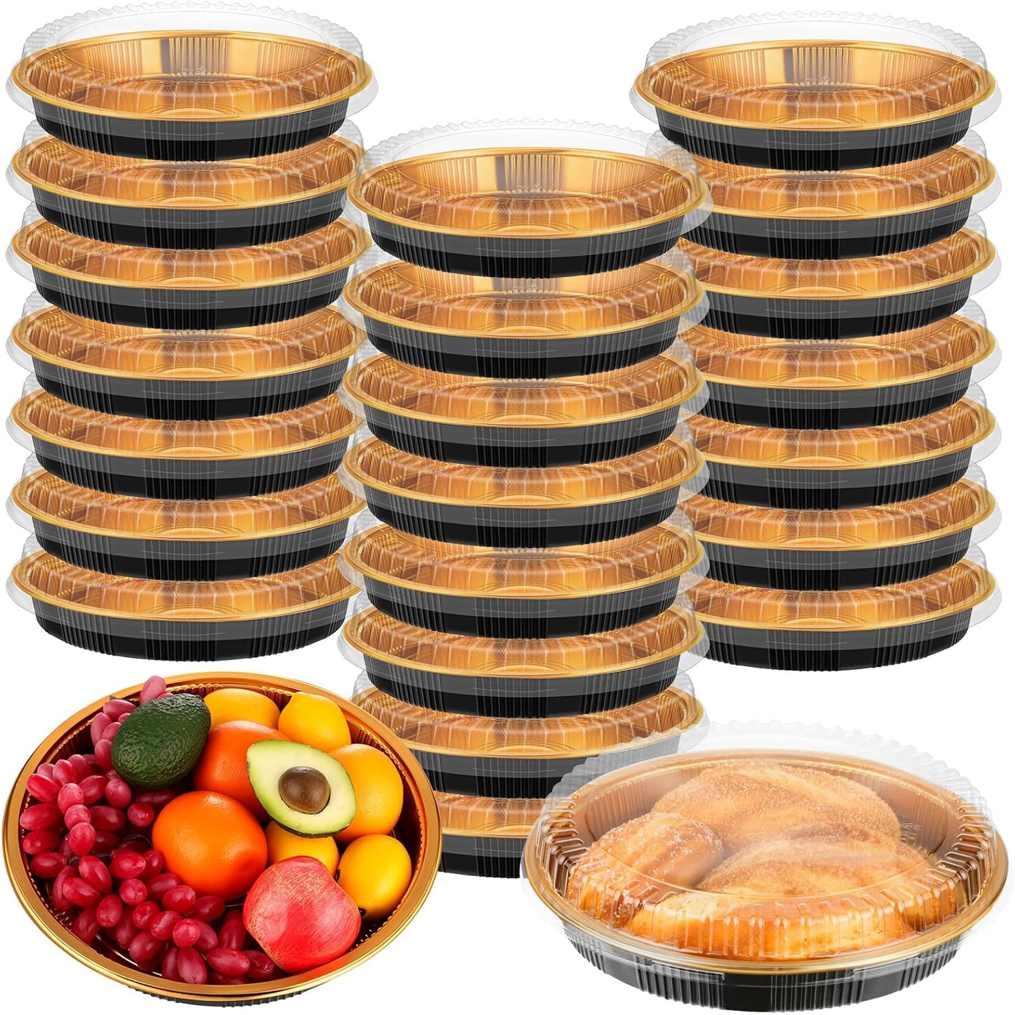 Yoiemivy 24 Pack Disposable Pie Carrier with Clear Lid, 9'' Plastic Serving Tray Round Pie Platters Pizza Container for Pies Salad Meal Prep
