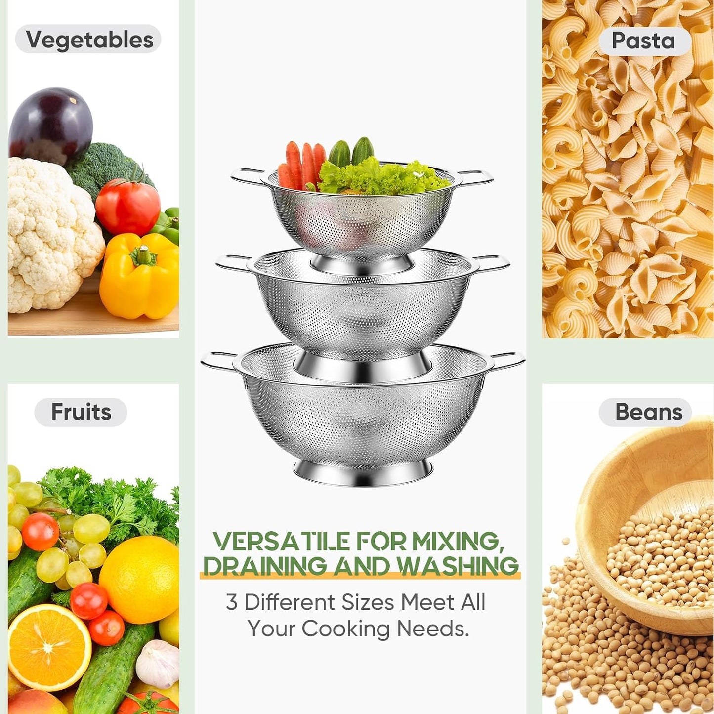 Bokon 3 Pcs Stainless Steel Colander Set Colander Bowl and Sieves 1/3/5 Quart Metal Mesh Strainer Net Basket with Handles Food Spaghetti Strainer for Kitchen Draining Pasta Rinsing(Gold)