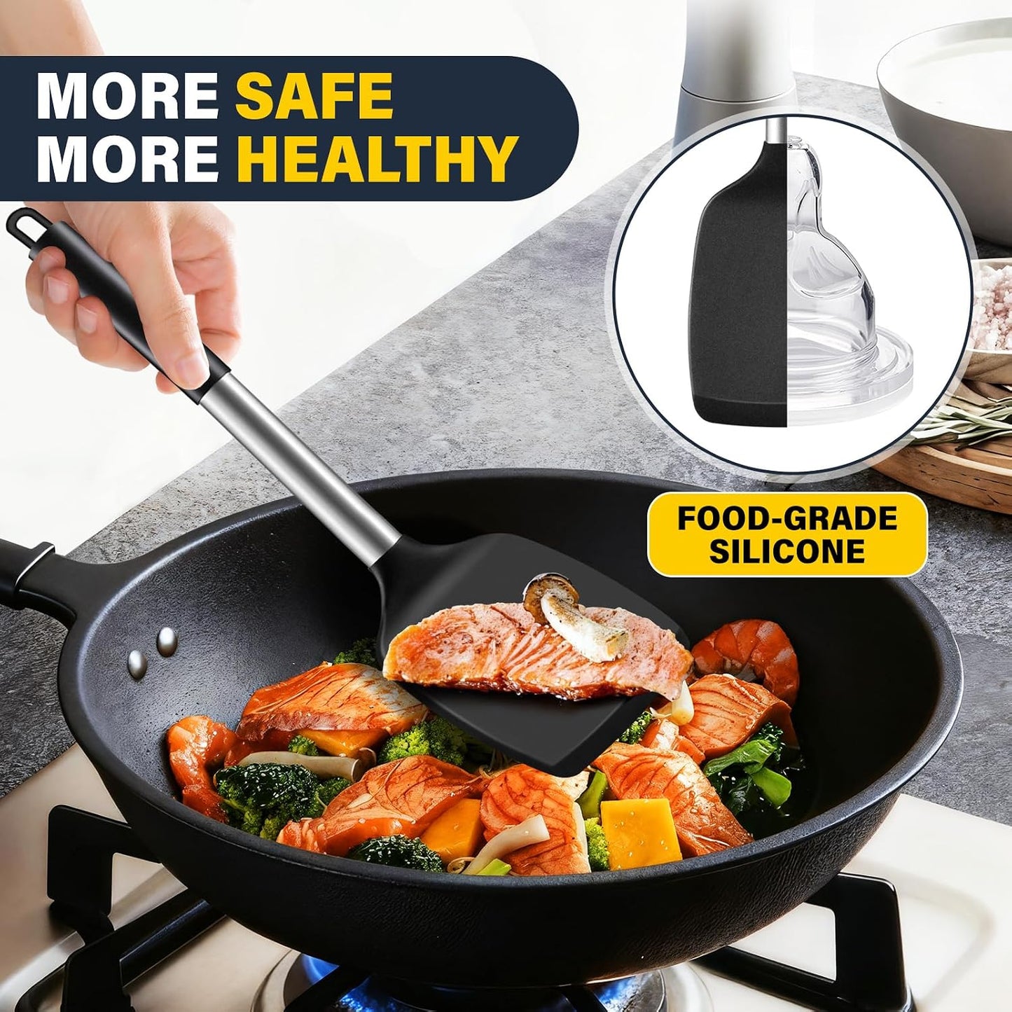 Silicone Spatula Set, Heat Resistant Solid & Slotted Turner for Non-Stick Pans, Silicone Cooking Utensils Set, BPA-Free, Flexible Spatula Turner for Flipping Eggs, Burgers, Pancakes, Black, 3 PCS-A