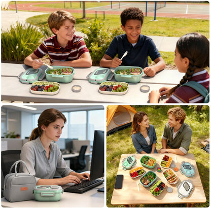PEDECO All-in-one Bento Lunch Box Set for Adults & Kids with Insulated Bag, Leakproof 3-Compartment and 2-Tier Stackable Container with Portable Sauce Pod, Microwave/Dishwasher Safe, BPA-Free (White)