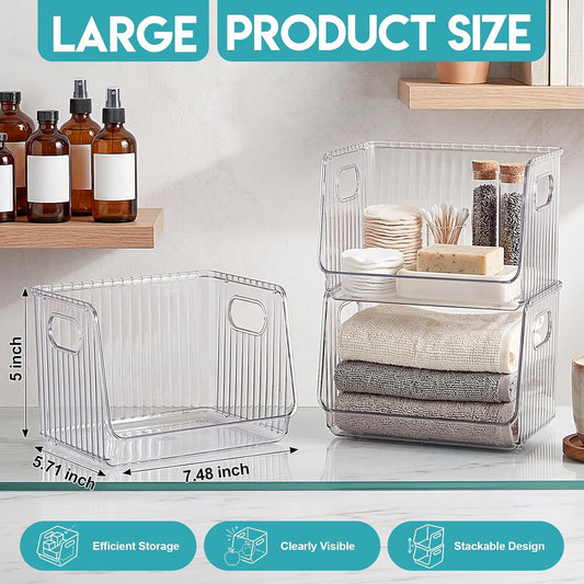 Novabright 4 Pcs Clear Plastic Storage Bins Stackable Pantry Storage Organizer Kitchen Cabinet Organizers Ideal Containers for Coffee Pod Tea Sugar Bag Office Fridge Caddy