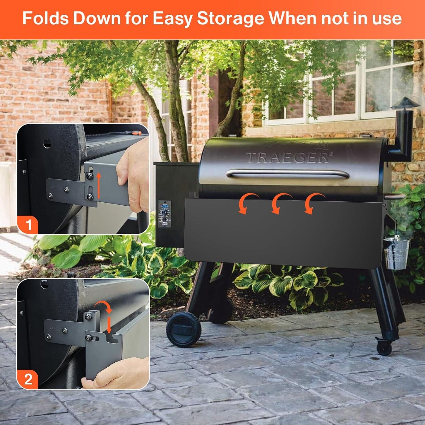 QuliMetal Folding Front Shelf for Traeger Pro 34, Texas Elite 34, Century 885 and Eastwood 34, 37" x 12" Heavy-Duty Grill Prep Table with Cutting Board, Stainless Steel Basin, Lid and 5 Hooks
