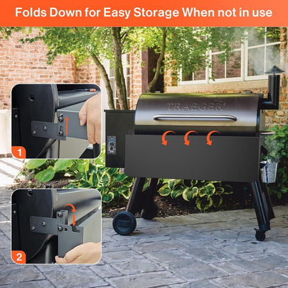 QuliMetal Folding Front Shelf for Traeger Pro 34, Texas Elite 34, Century 885 and Eastwood 34, 37" x 12" Heavy-Duty Grill Prep Table with Cutting Board, Stainless Steel Basin, Lid and 5 Hooks