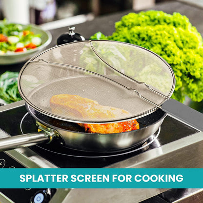 13" Grease Splatter Screen for Cooking | Stainless Steel Oil Splatter Guard and Ultra-Fine Mesh Protects Skin from Burns | TPR Tight-Grip Handle (Black)