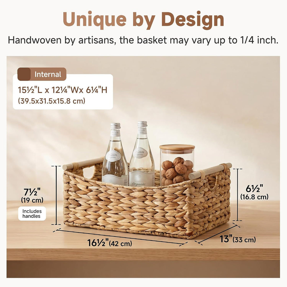 StorageWorks Wicker Baskets for Organizing, Water Hyacinth Storage Baskets with Handles, Woven Baskets for Pantry Storage, 13" x 8¼" x 7", 2-Pack