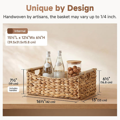 StorageWorks Wicker Baskets for Organizing, Water Hyacinth Storage Baskets with Handles, Woven Baskets for Pantry Storage, 13" x 8¼" x 7", 2-Pack