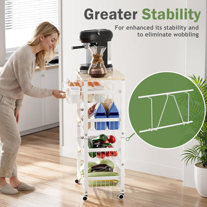 JAQ Slide Out Fruit Vegetable Basket for Kitchen, 4-Tier Rolling Storage Cart with Wooden Handle & Top, Metal Wire Produce Rack for Pantry Organization, Onion Potato Storage Bins for Small Space,White
