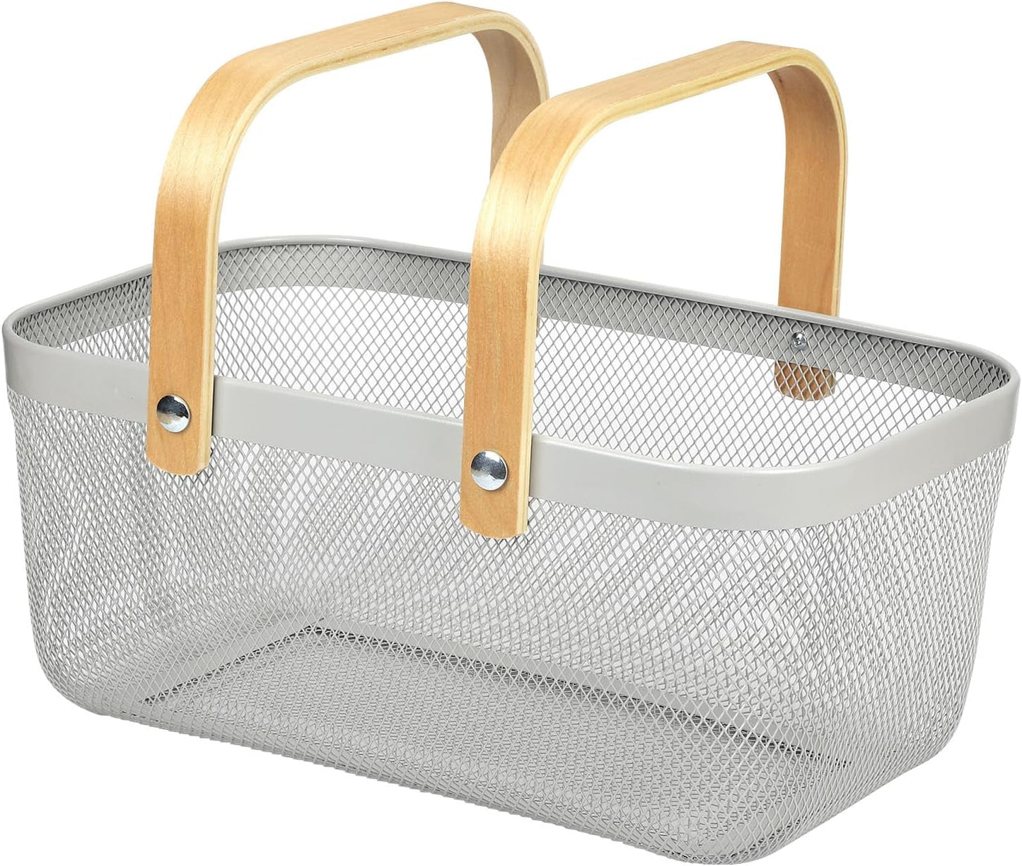 Coloful Metal Mesh Wire Basket with Foldable Wooden Handle,Bin Garden Fruit Vegetable Storage Hanging Harvest Holder for Kitchen Bathroom Picnic (Yellowish Green, Cuboid-15.7 x 9.5 x 7.2“)