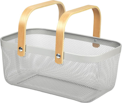 Coloful Metal Mesh Wire Basket with Foldable Wooden Handle,Bin Garden Fruit Vegetable Storage Hanging Harvest Holder for Kitchen Bathroom Picnic (Yellowish Green, Cuboid-15.7 x 9.5 x 7.2“)