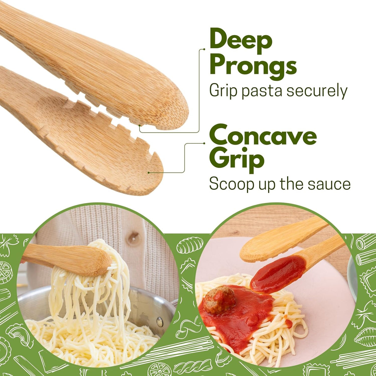 12" Pasta Salad Bamboo Tongs – Natural Wooden Tongs For Cooking & Serving Food, Wooden Kitchen TongsW/Teeth For Pasta Spaghetti Noodles, Salad & Oven Toaster Baking, Heat Resistant Long Wood Tong