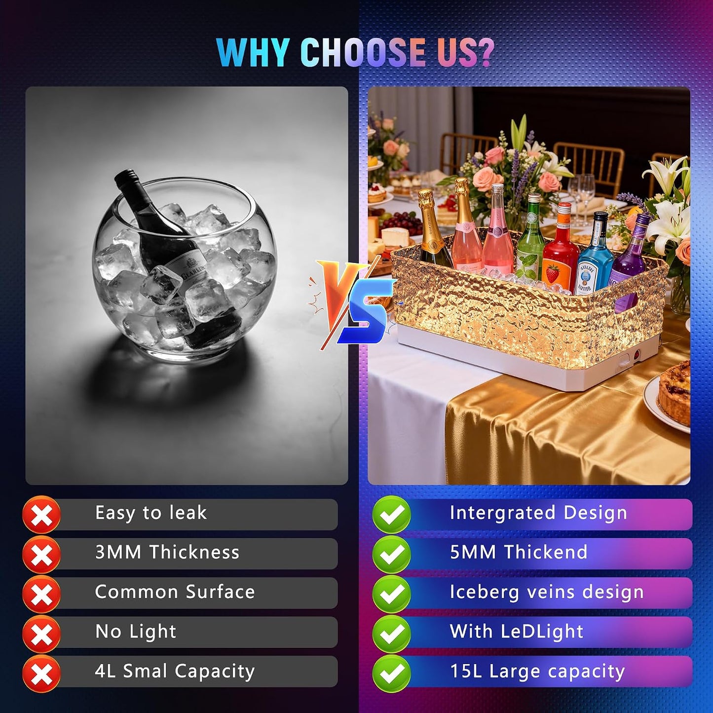 15L LED Ice Bucket for Parties, Rechargeable 7-Color Changing Light Up Beverage Tub, Clear Acrylic Wine & Champagne Drink Cooler, Leakproof Party Tub for Home Bar & Outdoor Entertaining
