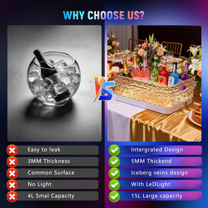 15L LED Ice Bucket for Parties, Rechargeable 7-Color Changing Light Up Beverage Tub, Clear Acrylic Wine & Champagne Drink Cooler, Leakproof Party Tub for Home Bar & Outdoor Entertaining