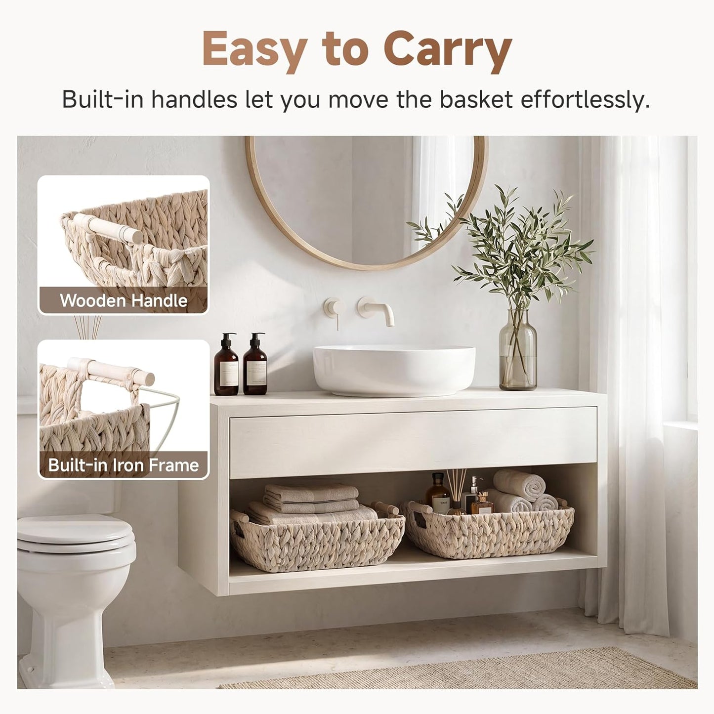 StorageWorks Hand-Woven Storage Baskets with Wooden Handles, Water Hyacinth Wicker Baskets for Organizing, 2 Pack