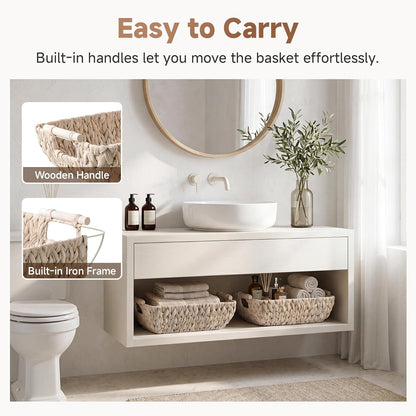 StorageWorks Hand-Woven Storage Baskets with Wooden Handles, Water Hyacinth Wicker Baskets for Organizing, 2 Pack