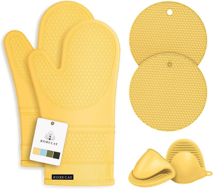RORECAY Silicone Oven Mitts and Pot Holders Sets, Gloves for Kitchen, Beige