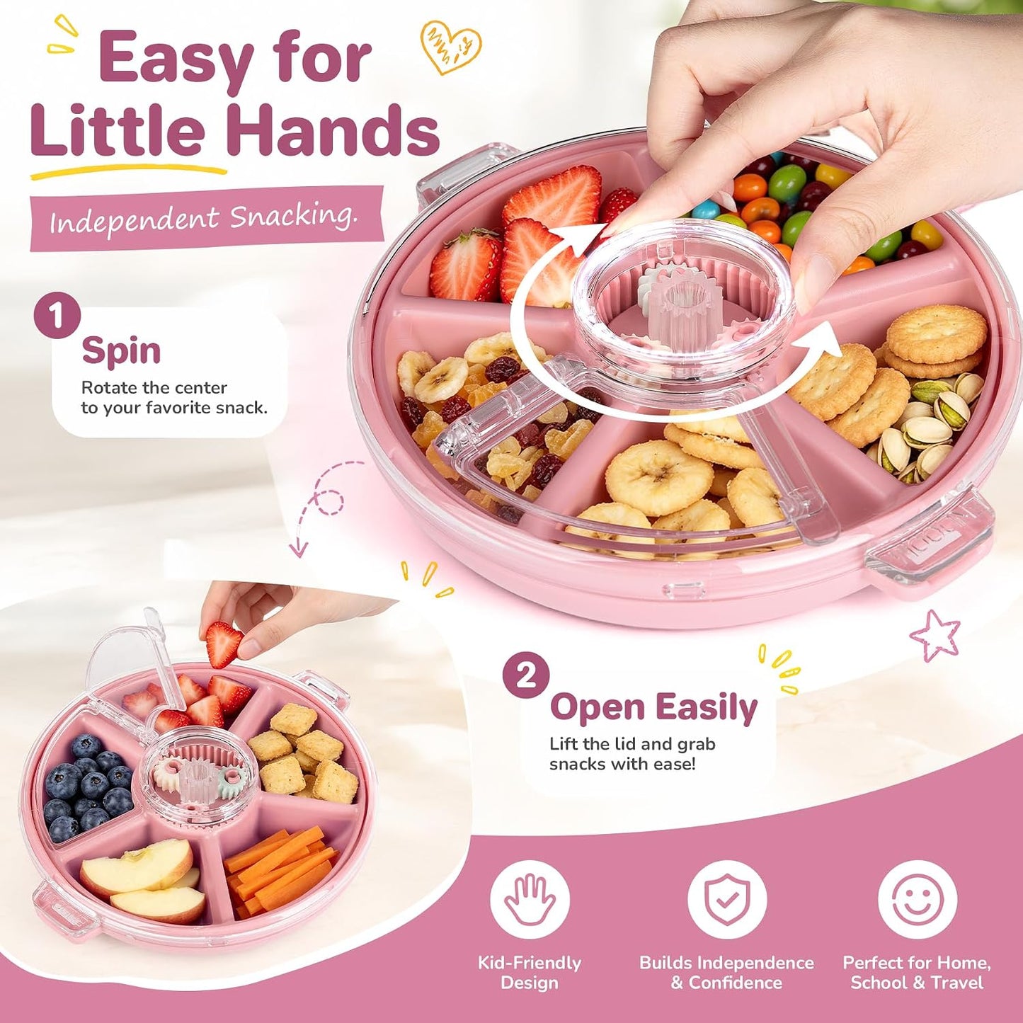 Kids Divided Snack Box with Hand Strap, Reusable 5-Compartment Kids Snack Container, BPA-Free Portable Candy & Nut Serving Platter for Travel, Parties, Picnics(Grey)