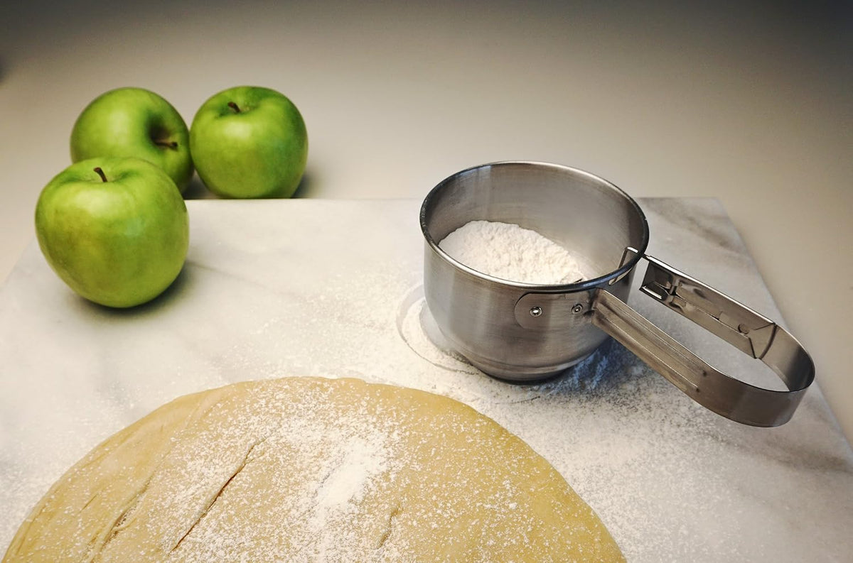 RSVP International Endurance® Stainless Steel Vintage One-Hand Sifter, 1 Cup | Top Cakes, Sift Flour, Marinade BBQ & More | Dishwasher Safe | Powder Sugar, Sift Flour, Spread Toppings & More