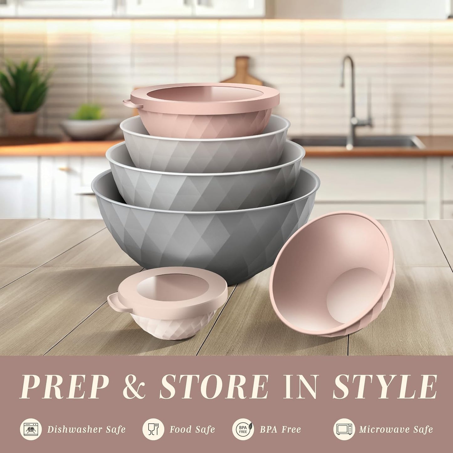 COOK WITH COLOR Mixing Bowls with Lids - 12 Piece Plastic Nesting Bowls Set includes 6 Prep Bowls and 6 Lids, Microwave Safe Mixing Bowl Set, Pink Embossed - Colors B