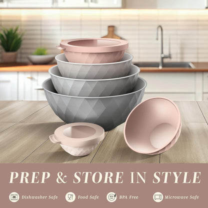 COOK WITH COLOR Mixing Bowls with Lids - 12 Piece Plastic Nesting Bowls Set includes 6 Prep Bowls and 6 Lids, Microwave Safe Mixing Bowl Set, Pink Embossed - Colors B