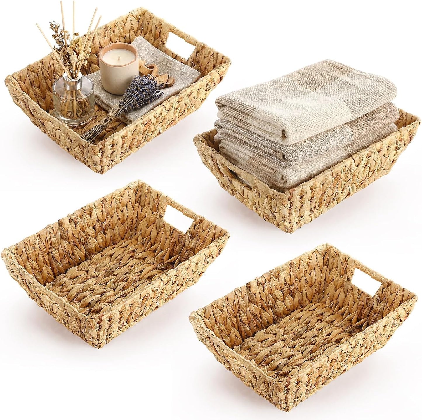 Novabright 4 Pcs Water Hyacinth Storage Baskets 14"L x 10''W x 4.7''H Large Wicker Woven Basket with Handles Pantry Gift Baskets Natural Storage Bins for Organizing Countertop