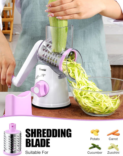 Geedel Rotary Cheese Grater, Kitchen Mandoline Vegetable Slicer with 3 Interchangeable Blades, Easy to Clean Rotary Grater Slicer for Cheese, Vegetables, Nuts