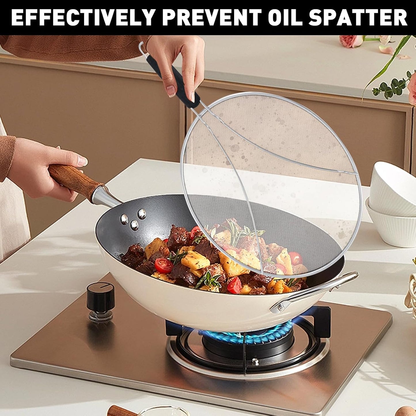 11 Inch Grease Splatter Screen for Frying Pan, Stainless Steel Fine Mesh Oil Splash Guard to Prevent Burns & Keep Kitchen Clean