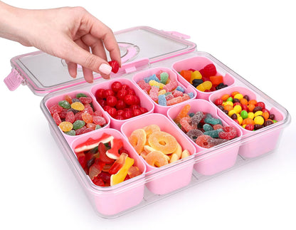 KEYVOZ Snackle Box Container with Lid- Travel Charcuterie Box with Handle - Organizer for Candy, Fruit, Nuts, Veggies, Snacks, Beach Essentials, Portable Lunch Box (Red, Small)