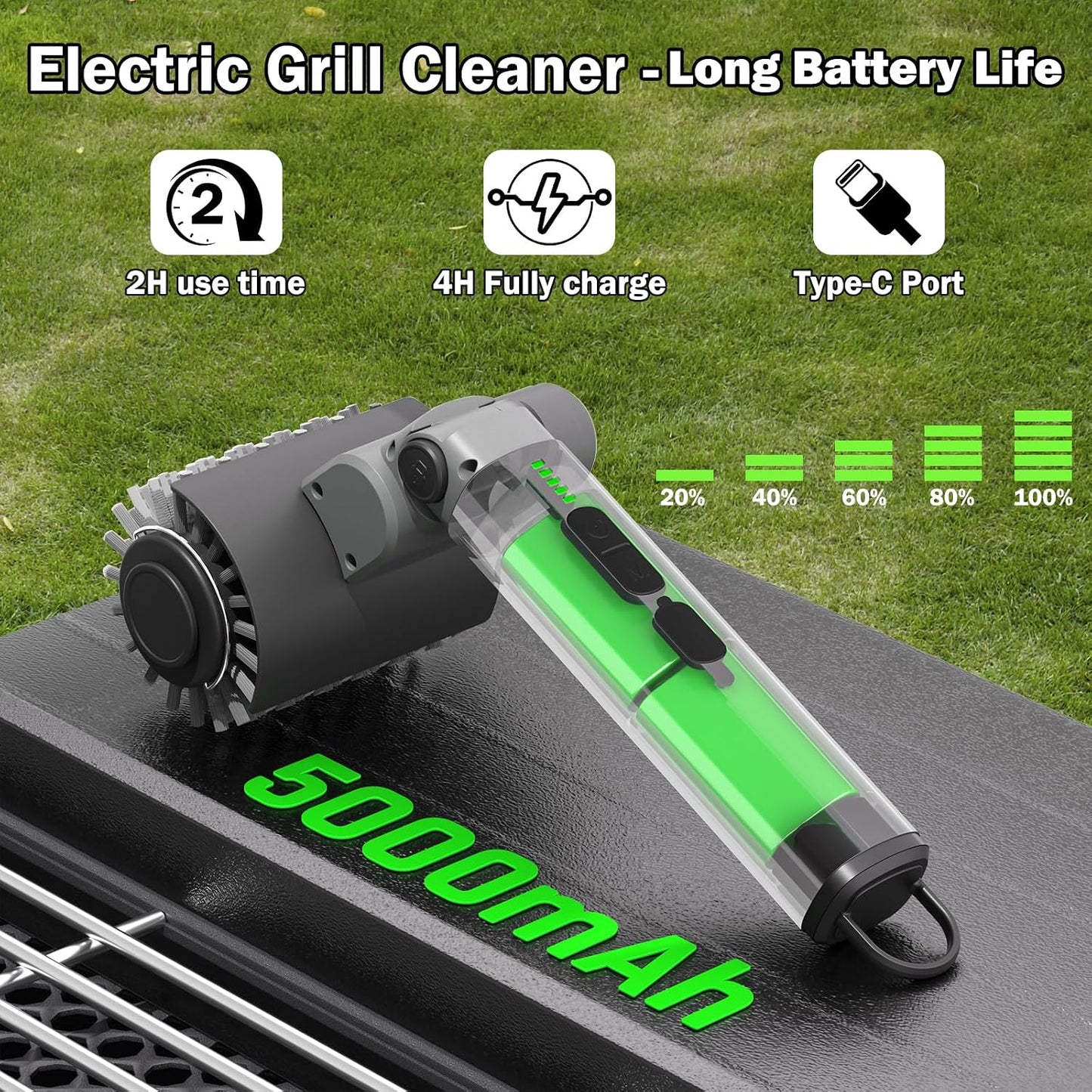 Electric Grill Brush,BBQ Grill Cleaner with 3 Heads, 3-Speed & Angle Adjust Cordless Rotary Grill Brush,IP67 Waterproof,150Mins & 58W Motorized Grill Cleaning Brush Kit with 5200mAh Battery
