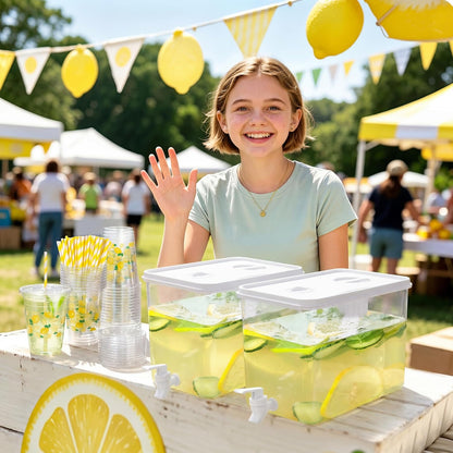 Kochorie 2 Pack 2.3 Gallon Lemonade Dispenser, Plastic Drink Dispenser with Spigot 50 Disposable 12 OZ Lemon Plastic Cups with Lid Straw for Lemonade Stand Supplies Fruit Party Drinks Tea Juice