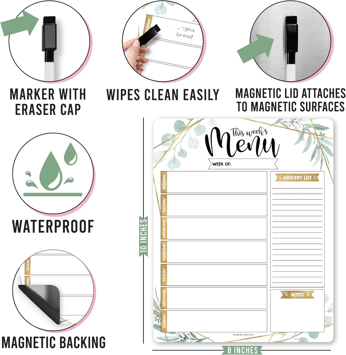 Hadley Designs Weekly Meal Planner for Fridge - Dinner Menu Board for Kitchen, Greenery Weekly Menu Board Dry Erase, Dry Erase Meal Planner for Fridge