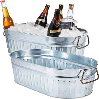 Lallisa 2 Pcs 5.3 gallons Galvanized Beverage Tub Galvanized Bucket Metal Ice and Drink Bucket with Handles Tub for Parties Farmhouse Home Pool Bar (White)