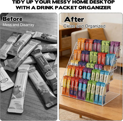 Drink Packet Organizer with 25 Compartments, 5-Tier Water Packet Organizer for Water Flavor Drink Mix, Transparent Acrylic Sugar Packets Holder for Pantry Cabinet Kitchen Storage Organization