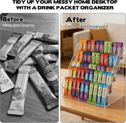 Drink Packet Organizer with 25 Compartments, 5-Tier Water Packet Organizer for Water Flavor Drink Mix, Transparent Acrylic Sugar Packets Holder for Pantry Cabinet Kitchen Storage Organization