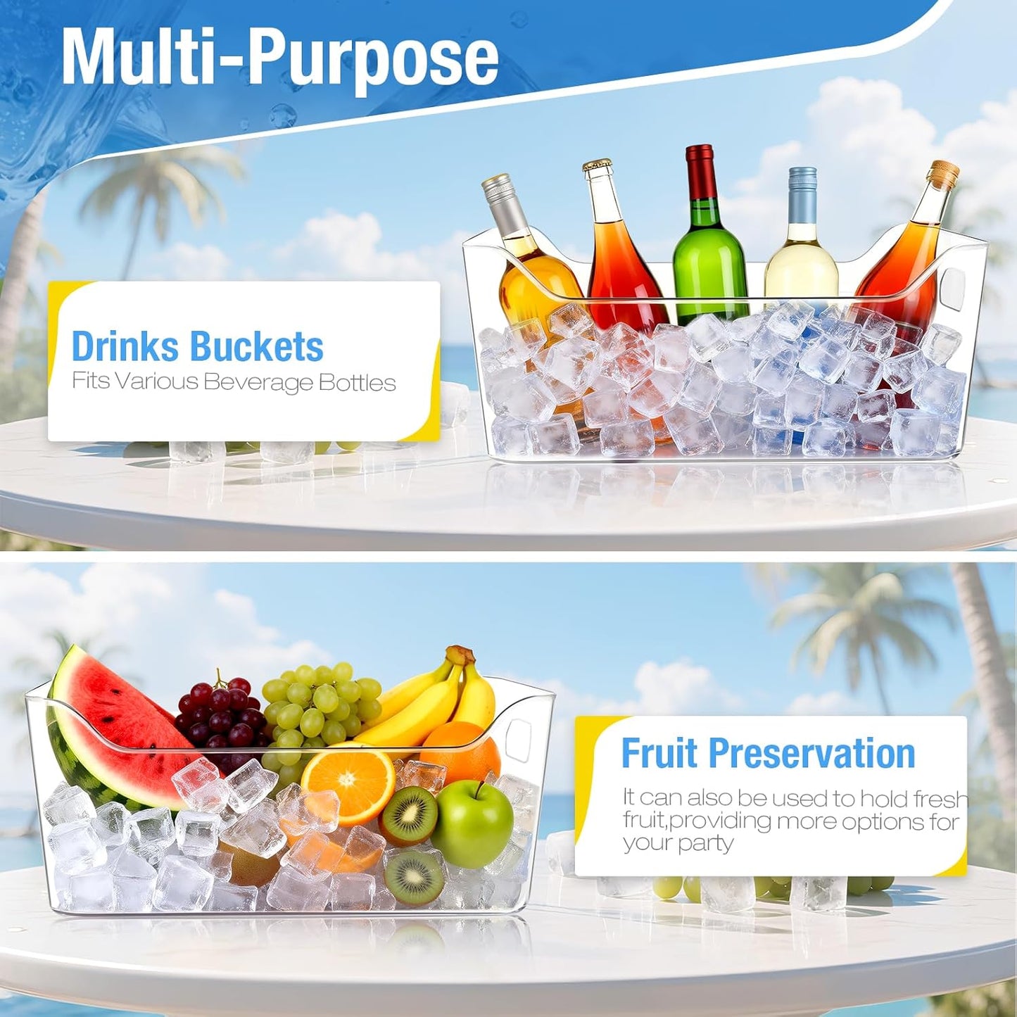 Ice Buckets for Parties, YOPIKUU 2 PCS Thickened Beverage Tub with Scoops, Large Clear Acrylic Champagne Bucket for Beverage, Wine, Beer, Mimosa Bar Supplies