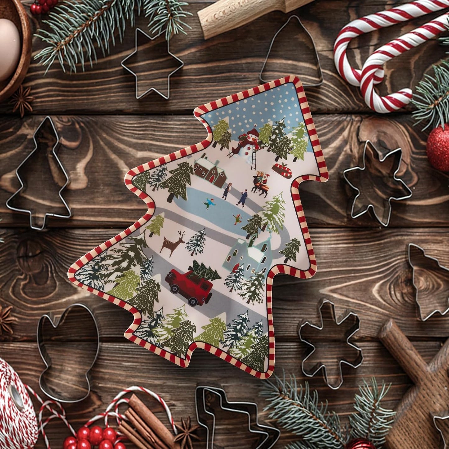 Christmas Tree Melamine Tray - Santa & Snowman Pattern | Ideal for Holiday Treats, Candy, and Feasts | Festive Tableware for Christmas Parties (1 Pack)