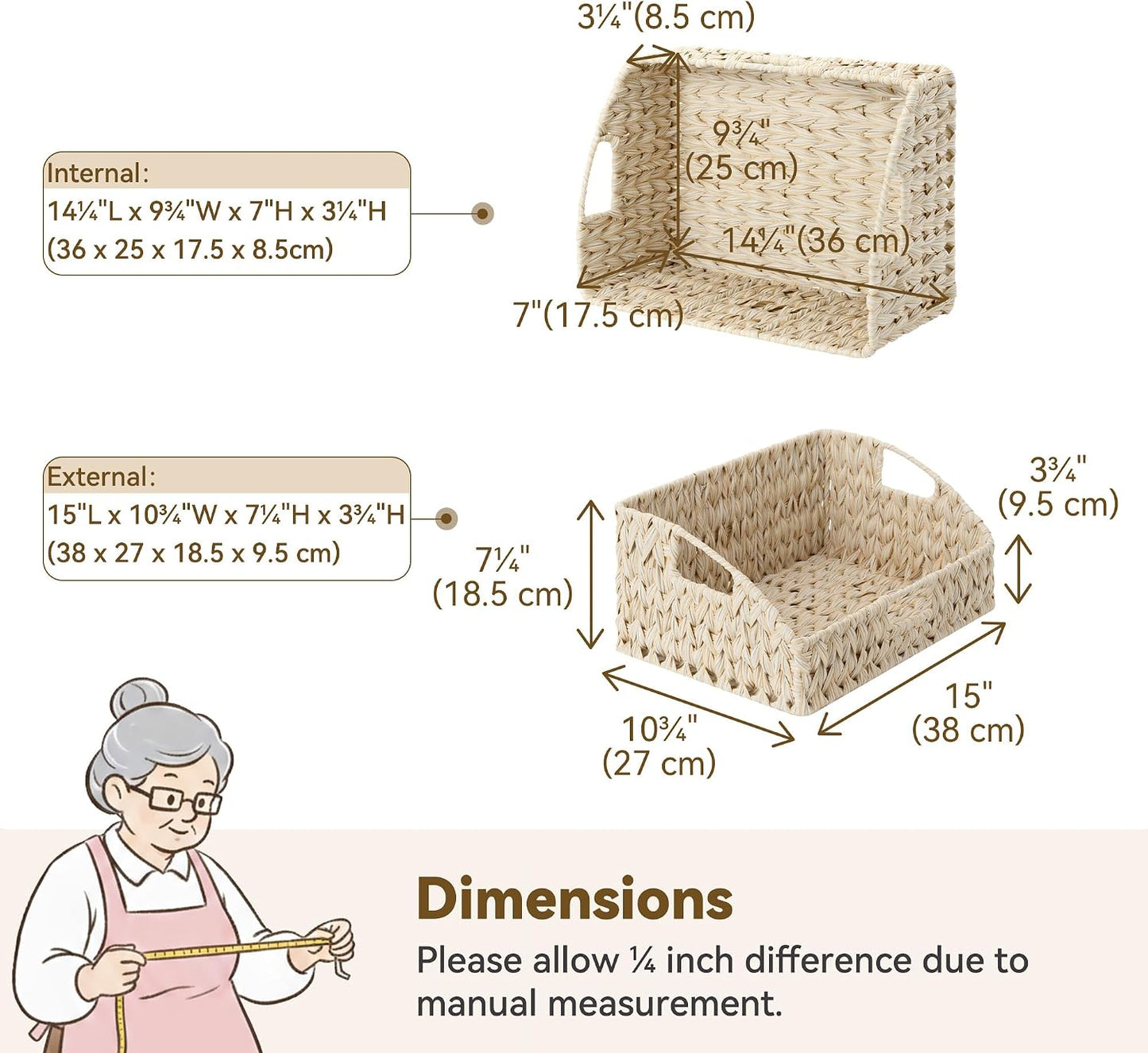 GRANNY SAYS Wicker Storage Baskets for Shelves, Trapezoid Woven Basket with Handles, Storage Wicker Baskets for Pantry, Water Hyacinth, 2-Pack